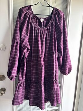 Wonderly Eggplant Purple Plaid Long-Sleeve Peasant Dress 💯 cotton